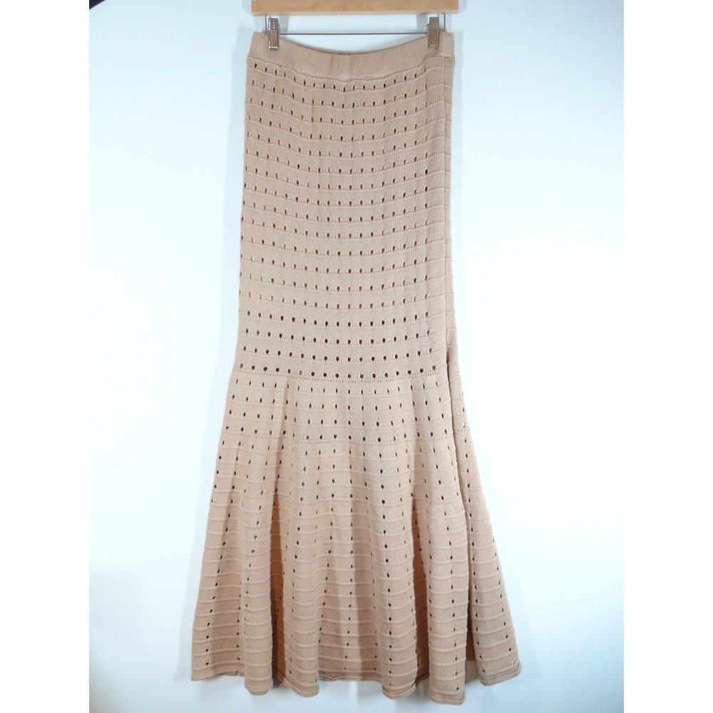 Mable Pointelle Knit Maxi Skirt Dress Large Beige Eyelet Flared Boho MST7125